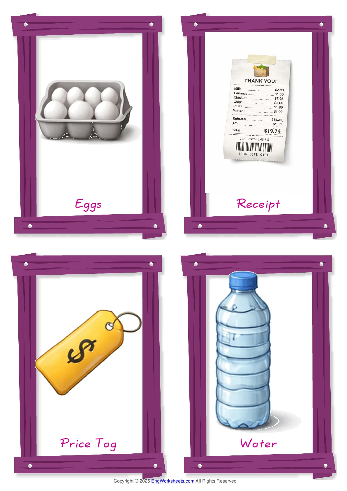 Supermarket vocabulary worksheet with words, four images per page Worksheet Preview