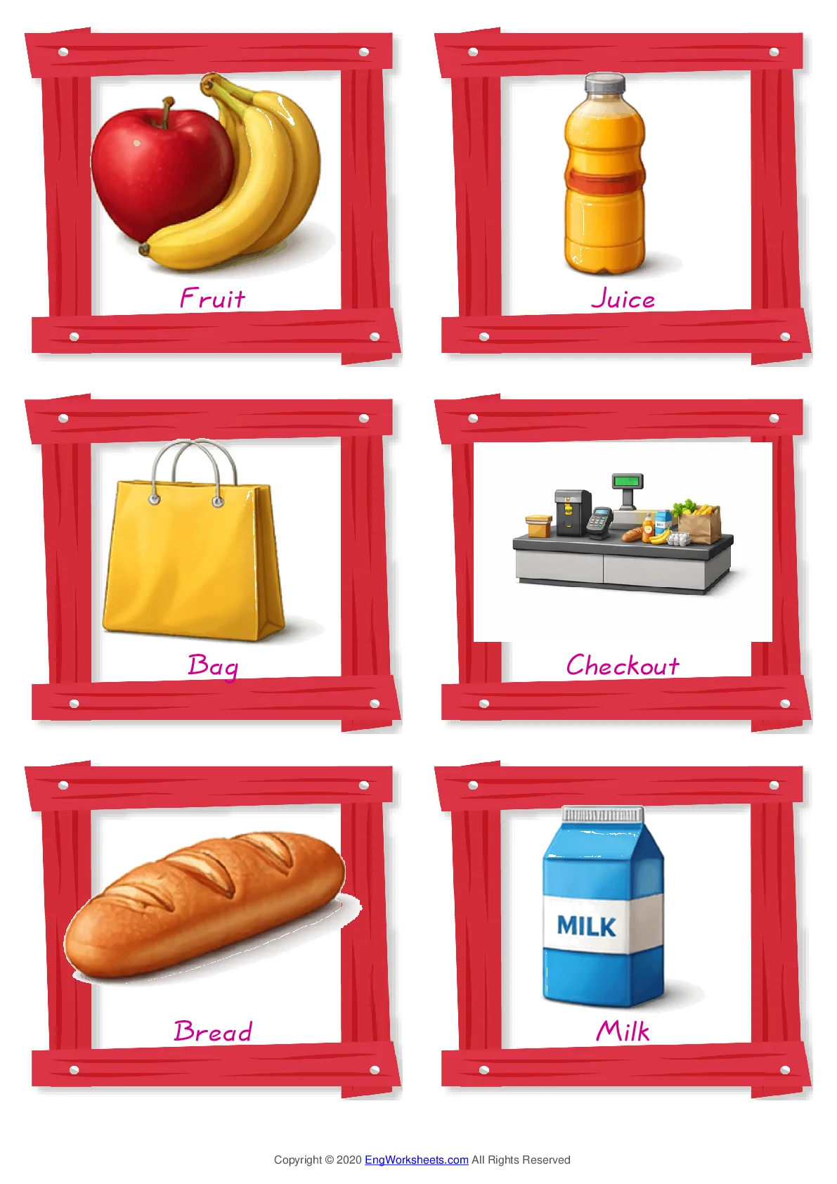 Supermarket vocabulary worksheet with words, six images per page Worksheet Preview