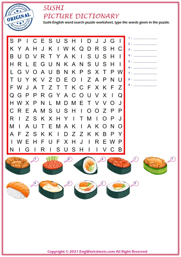 Sushi English word search puzzle worksheet, type the words given in the puzzle. Worksheet Preview