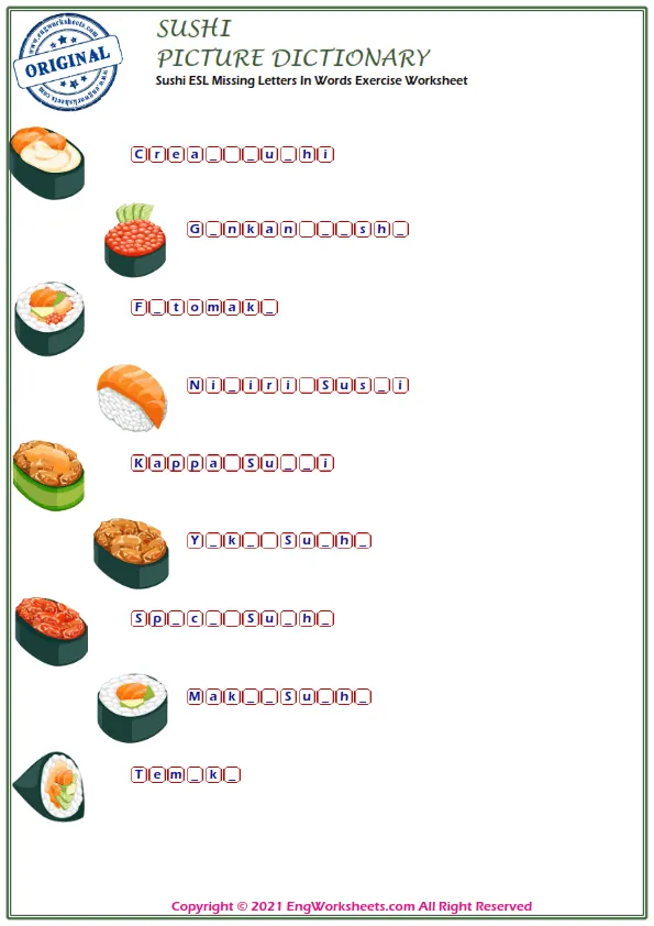 Sushi ESL Missing Letters In Words Exercise Worksheet Worksheet Preview