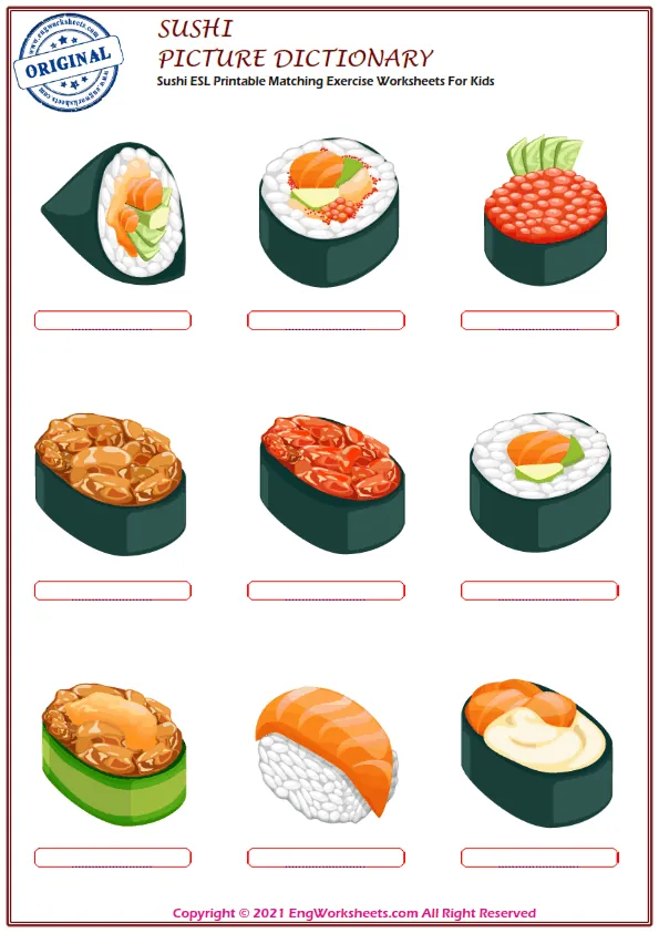 Sushi ESL Printable Matching Exercise Worksheets For Kids Worksheet Preview