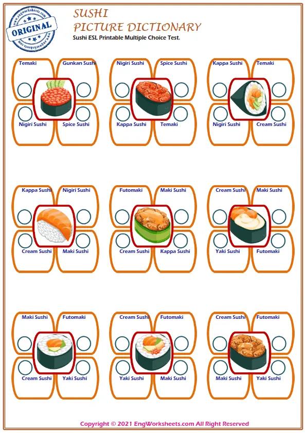 Sushi ESL Printable Multiple Choice Test. Worksheet Preview