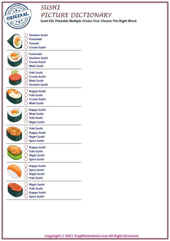 Sushi ESL Printable Multiple Choice Test. Choose The Right Word.