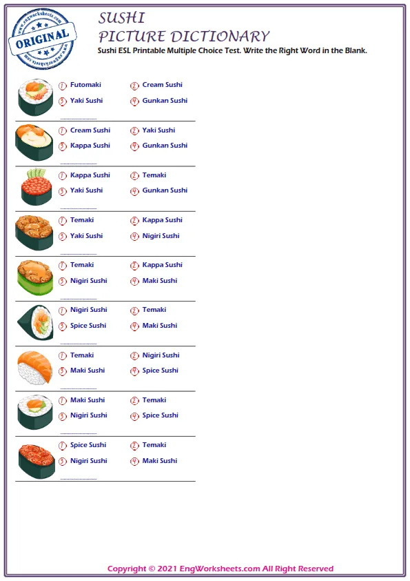 Sushi ESL Printable Multiple Choice Test. Write the Right Word in the Blank. Worksheet Preview