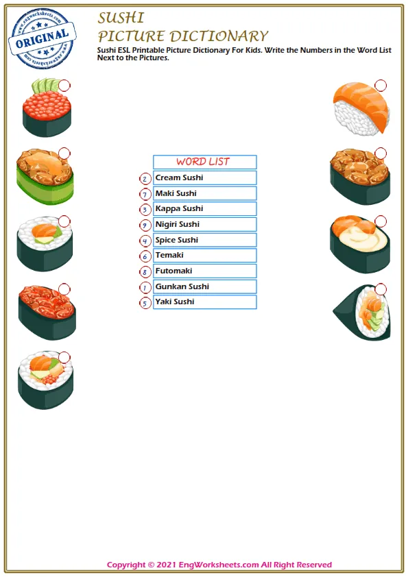 Sushi ESL Printable Picture Dictionary For Kids. Write the Numbers in the Word List Next to the Pictures. Worksheet Preview