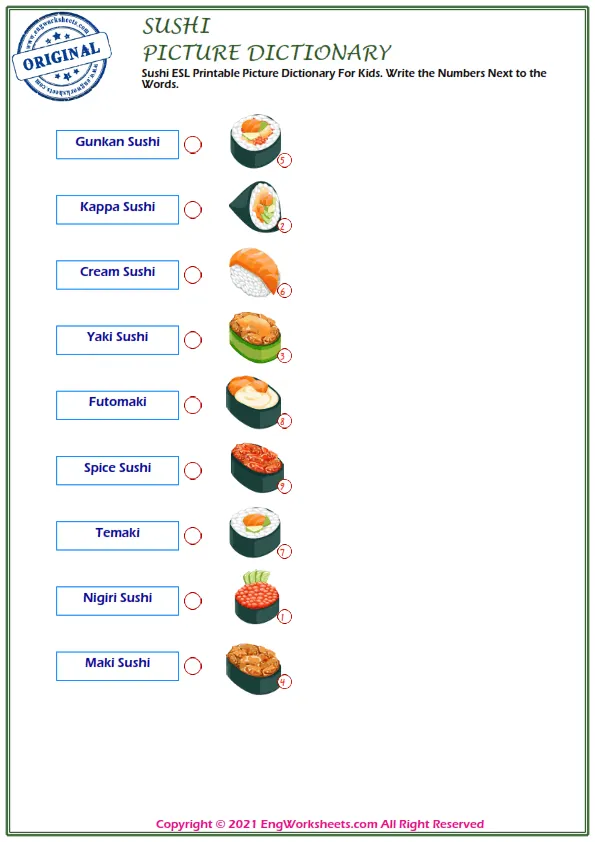 Sushi ESL Printable Picture Dictionary For Kids. Write the Numbers Next to the Words. Worksheet Preview
