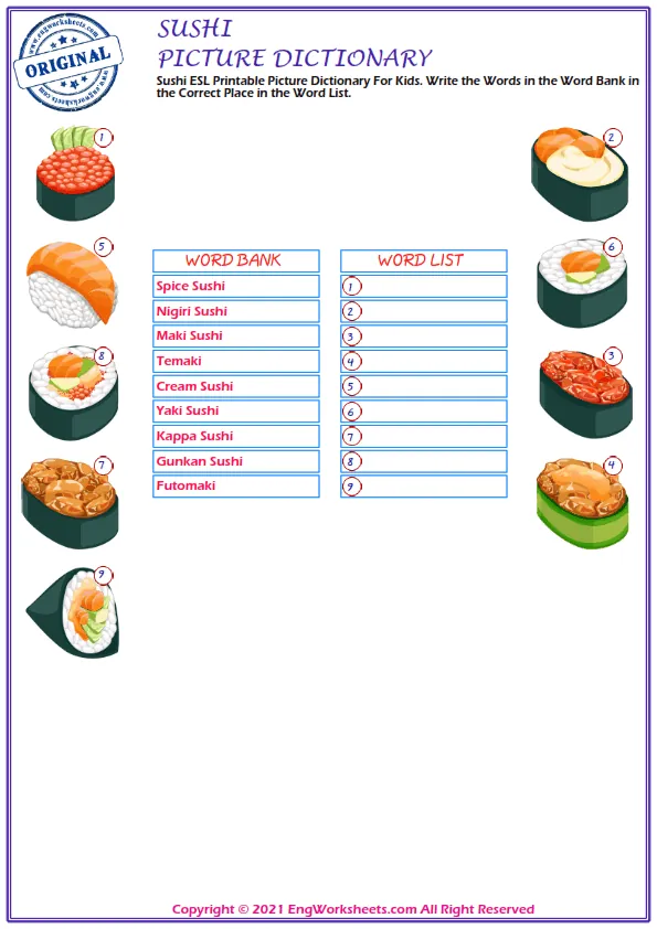 Sushi ESL Printable Picture Dictionary For Kids. Write the Words in the Word Bank in the Correct Place in the Word List. Worksheet Preview