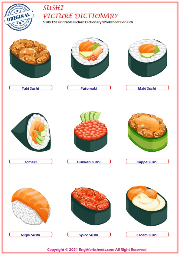 Sushi ESL Printable Picture Dictionary Worksheet For Kids Worksheet Preview