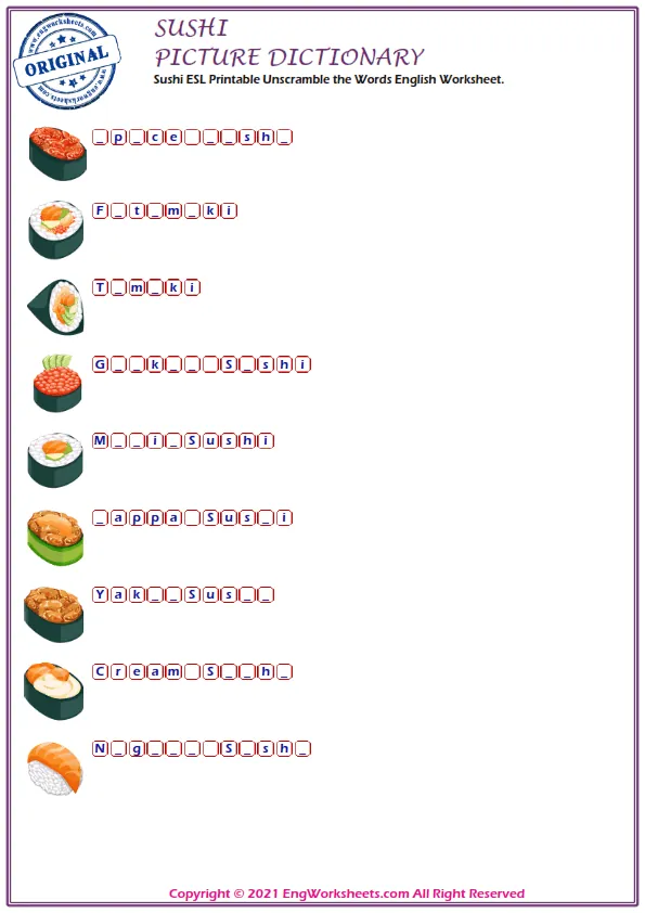 Sushi ESL Printable Unscramble the Words English Worksheet. Worksheet Preview