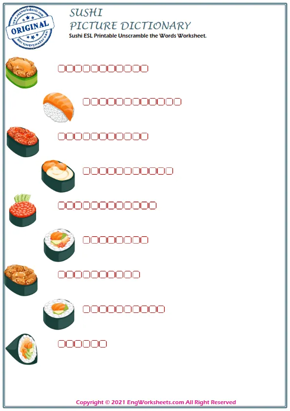 Sushi ESL Printable Unscramble the Words Worksheet. Worksheet Preview