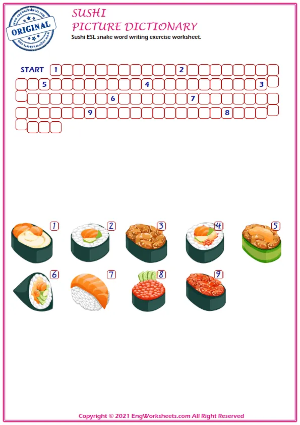 Sushi ESL snake word writing exercise worksheet. Worksheet Preview