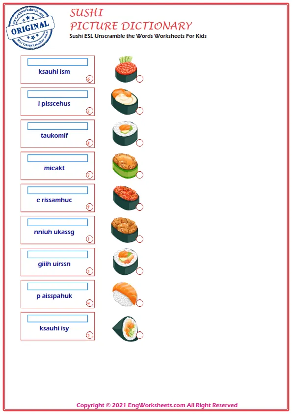 Sushi ESL Unscramble the Words Worksheets For Kids Worksheet Preview