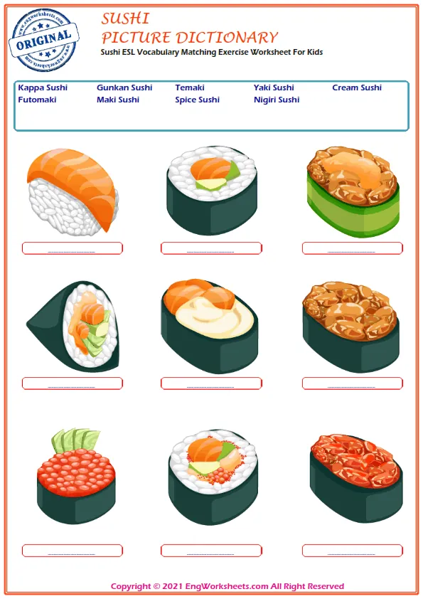 Sushi ESL Vocabulary Matching Exercise Worksheet For Kids Worksheet Preview