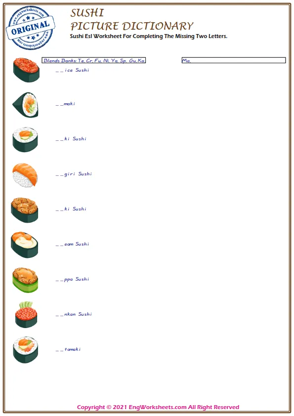 Sushi Esl Worksheet For Completing The Missing Two Letters. Worksheet Preview