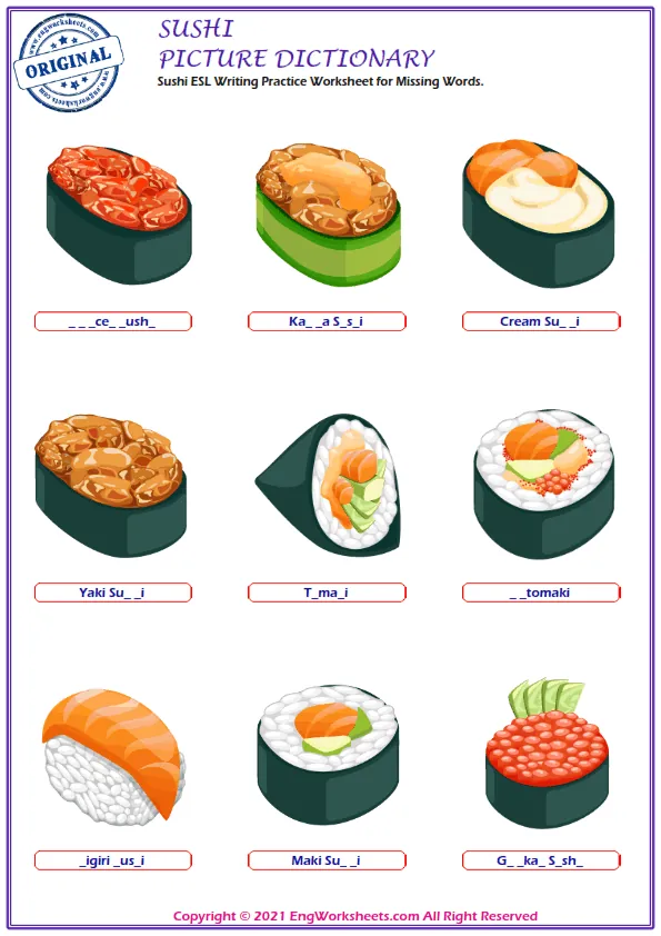 Sushi ESL Writing Practice Worksheet for Missing Words. Worksheet Preview