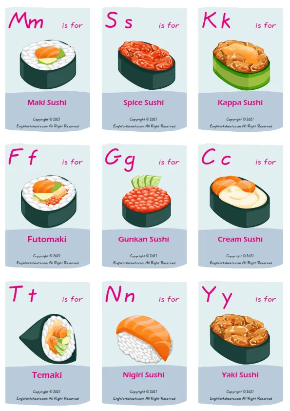 Sushi vocabulary worksheet with words, nine images per page