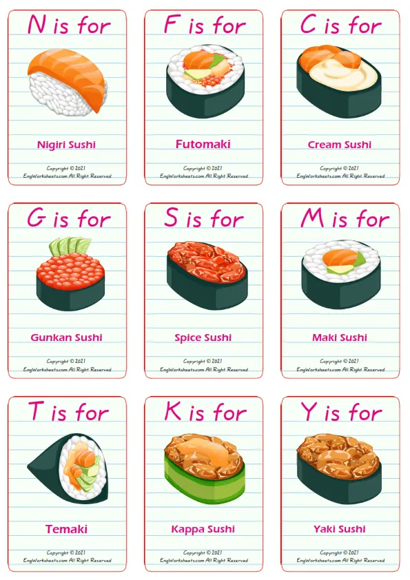 Sushi vocabulary worksheet with words, nine images per page