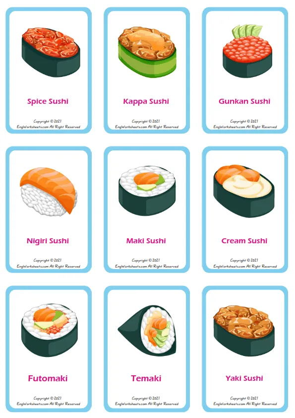 Sushi vocabulary worksheet with words, nine images per page