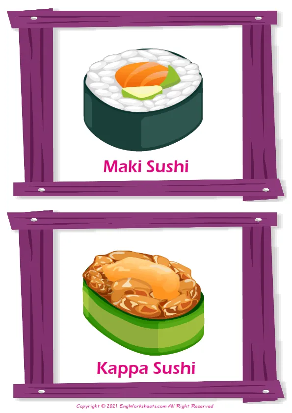 Sushi vocabulary worksheet with words, two images per page Worksheet Preview