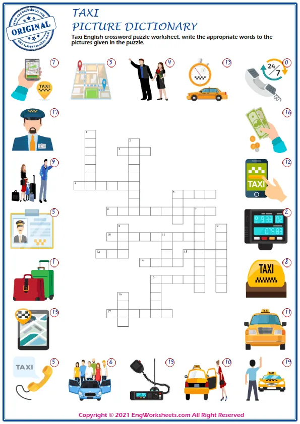 Taxi English crossword puzzle worksheet, write the appropriate words to the pictures given in the puzzle. Worksheet Preview