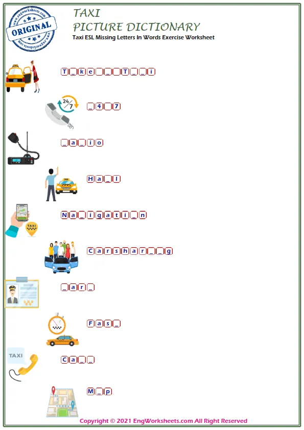 Taxi ESL Missing Letters In Words Exercise Worksheet