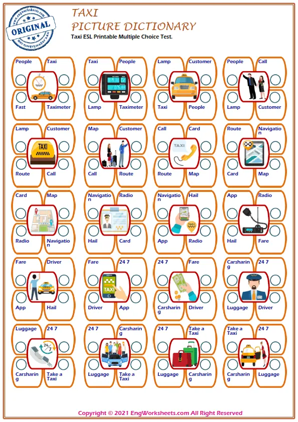 Taxi ESL Printable Multiple Choice Test.