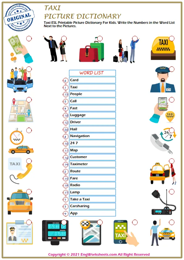 Taxi ESL Printable Picture Dictionary For Kids. Write the Numbers in the Word List Next to the Pictures.