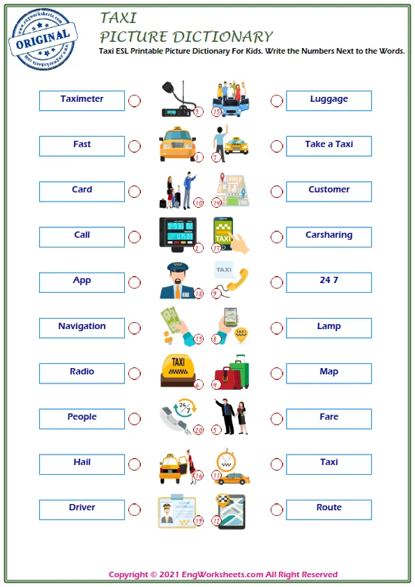 Taxi ESL Printable Picture Dictionary For Kids. Write the Numbers Next to the Words. Worksheet Preview