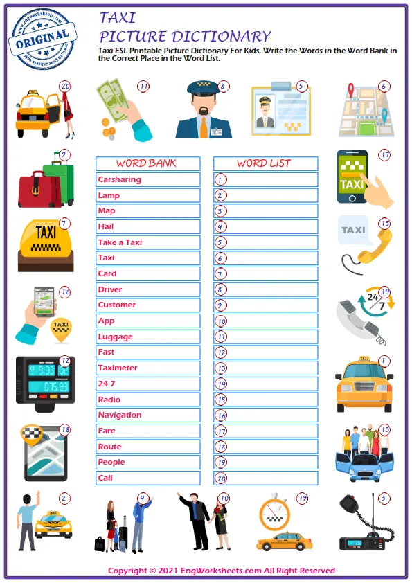 Taxi ESL Printable Picture Dictionary For Kids. Write the Words in the Word Bank in the Correct Place in the Word List.