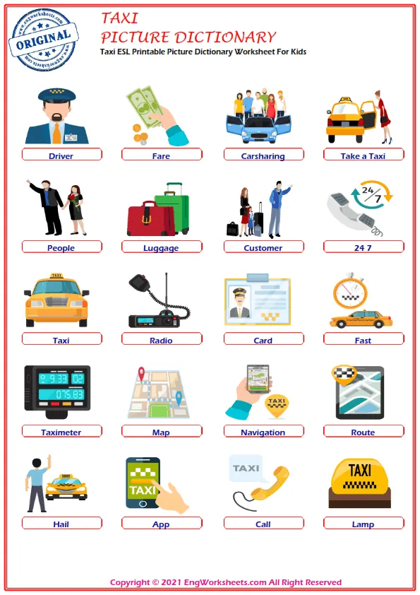 Taxi ESL Printable Picture Dictionary Worksheet For Kids