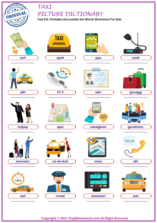 Taxi ESL Printable Unscramble the Words Worksheet For Kids