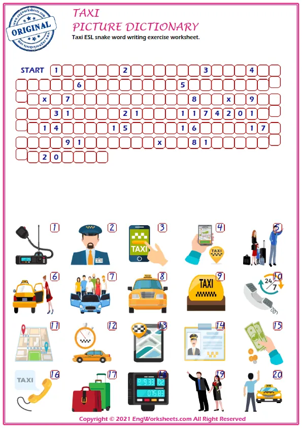 Taxi ESL snake word writing exercise worksheet. Worksheet Preview