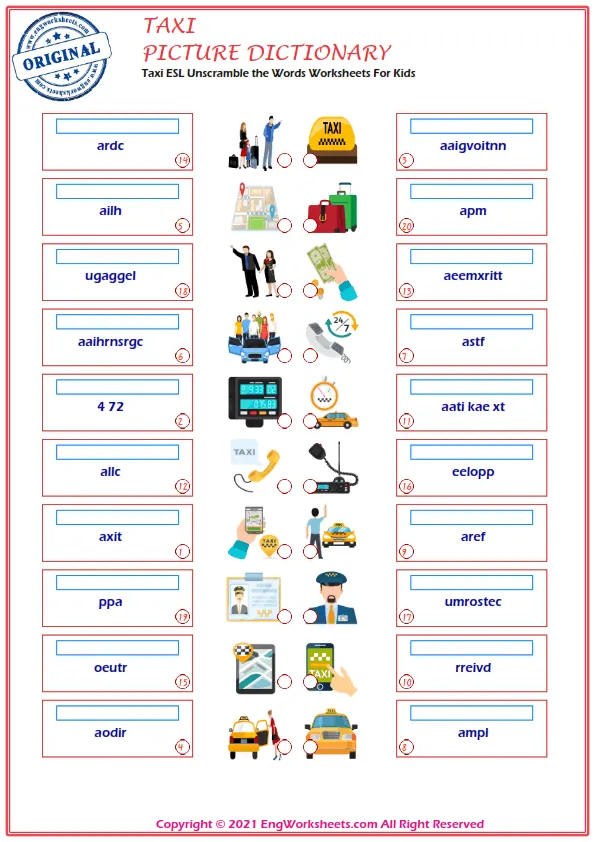 Taxi ESL Unscramble the Words Worksheets For Kids Worksheet Preview