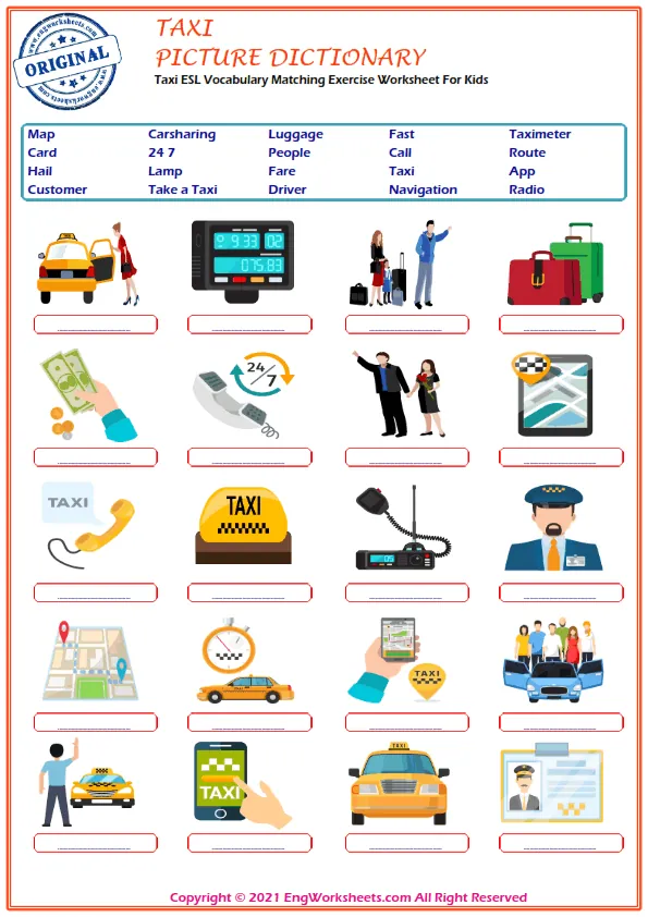 Taxi ESL Vocabulary Matching Exercise Worksheet For Kids Worksheet Preview