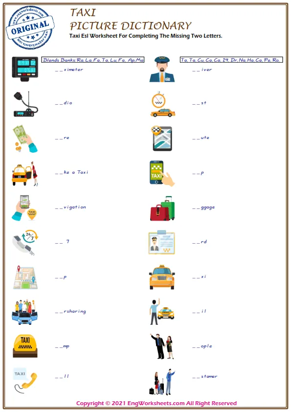 Taxi Esl Worksheet For Completing The Missing Two Letters.