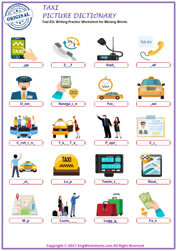 Taxi ESL Writing Practice Worksheet for Missing Words.