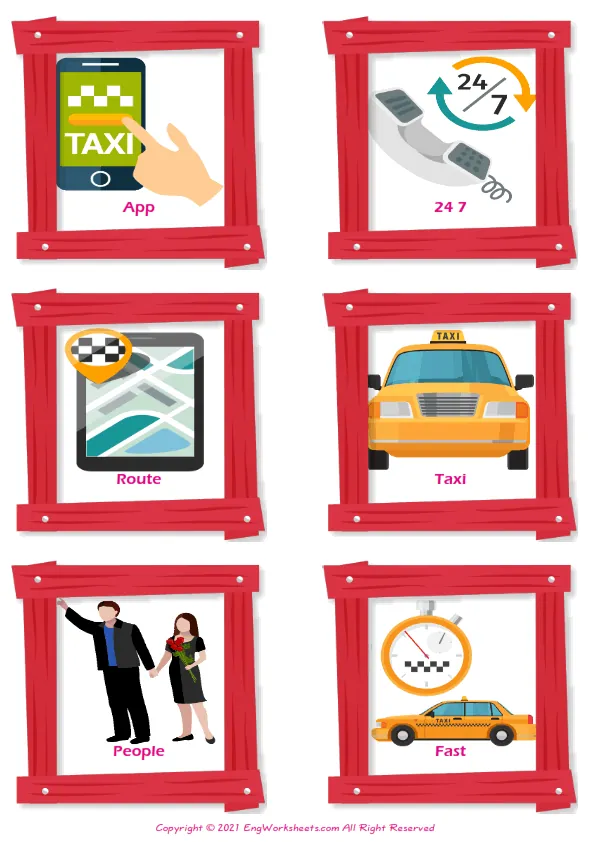 Taxi vocabulary worksheet with words, six images per page