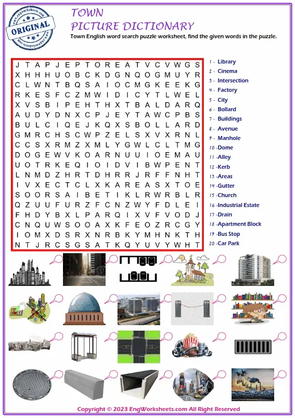 Town English word search puzzle worksheet, find the given words in the puzzle. Worksheet Preview