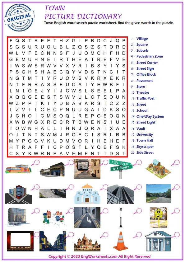 Town English word search puzzle worksheet, find the given words in the puzzle. Worksheet Preview