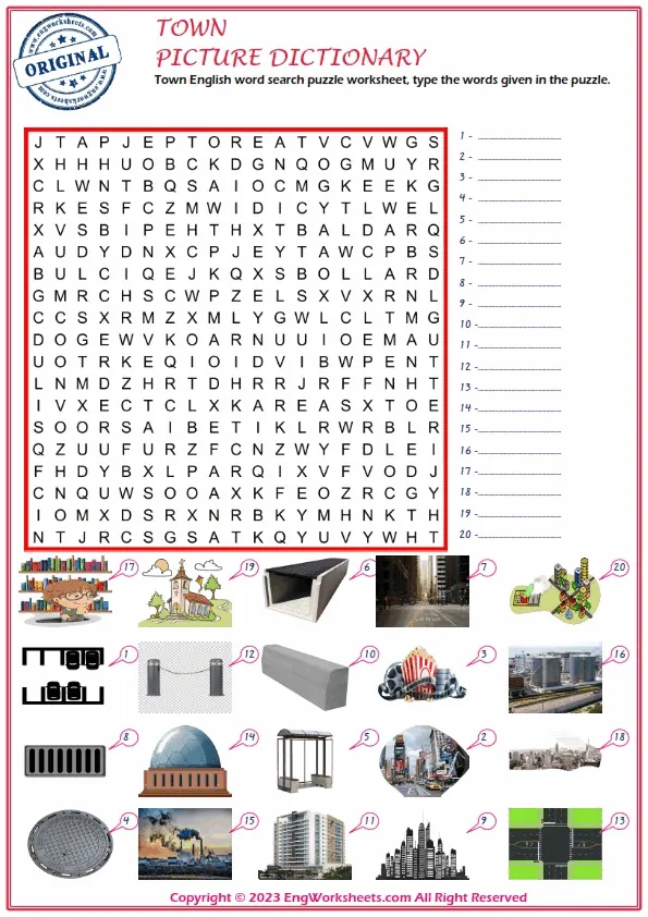 Town English word search puzzle worksheet, type the words given in the puzzle.