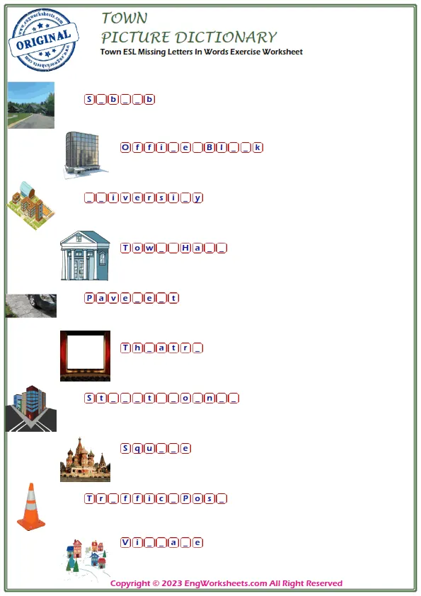 Town ESL Missing Letters In Words Exercise Worksheet Worksheet Preview