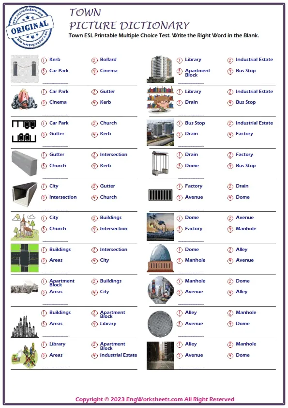 Town ESL Printable Multiple Choice Test. Write the Right Word in the Blank.