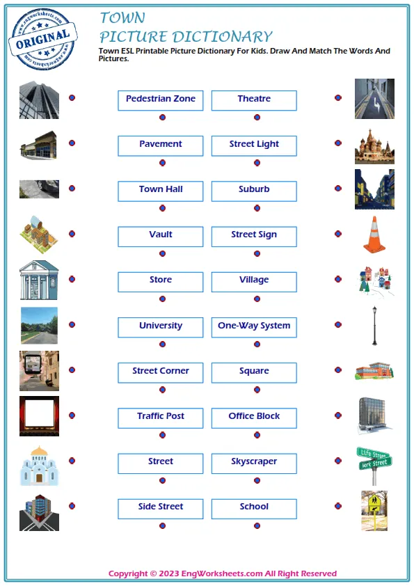 Town ESL Printable Picture Dictionary For Kids. Draw And Match The Words And Pictures. Worksheet Preview