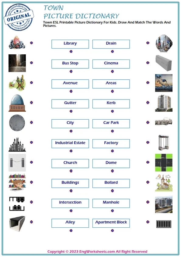 Town ESL Printable Picture Dictionary For Kids. Draw And Match The Words And Pictures.