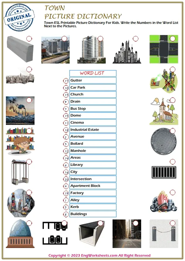 Town ESL Printable Picture Dictionary For Kids. Write the Numbers in the Word List Next to the Pictures.