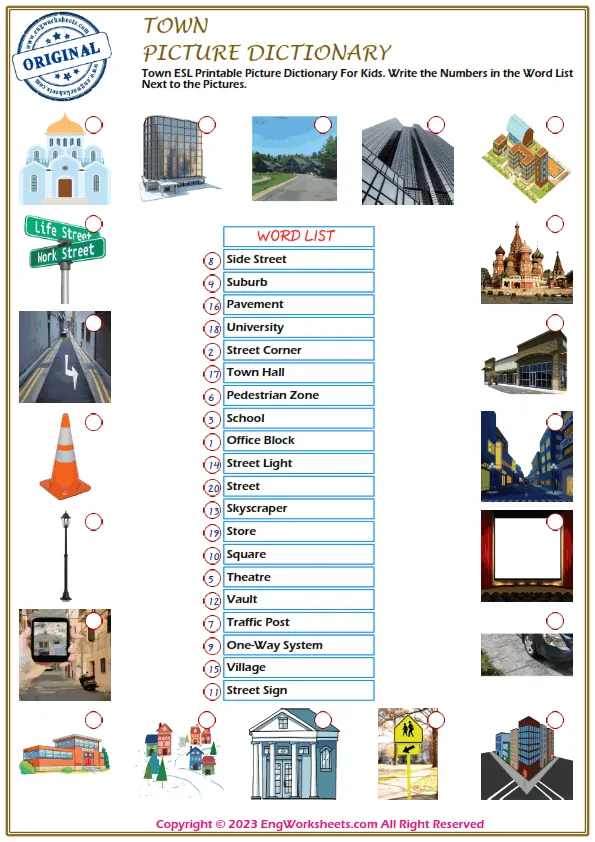 Town ESL Printable Picture Dictionary For Kids. Write the Numbers in the Word List Next to the Pictures. Worksheet Preview