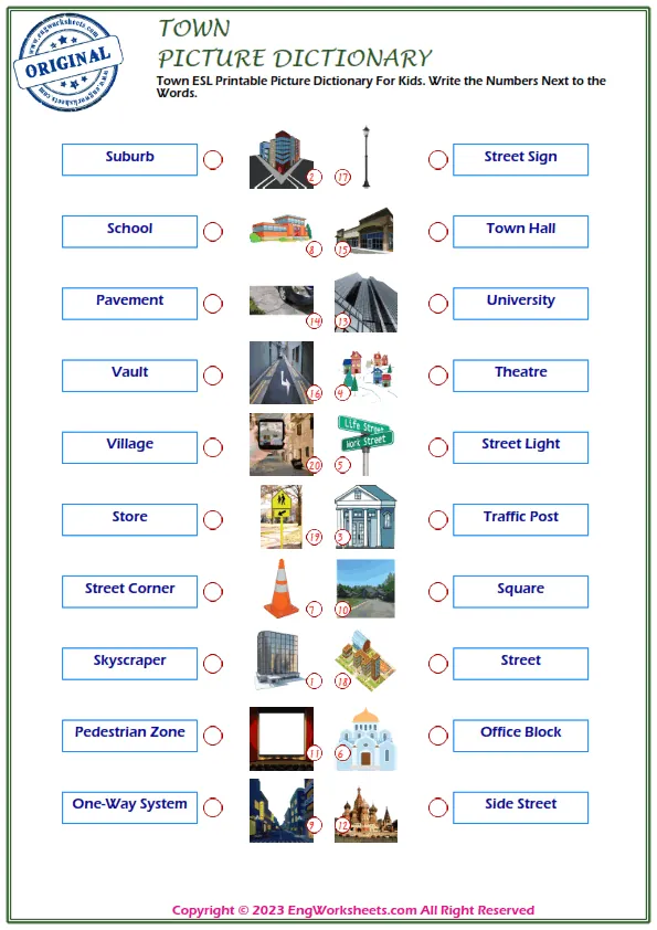 Town ESL Printable Picture Dictionary For Kids. Write the Numbers Next to the Words. Worksheet Preview