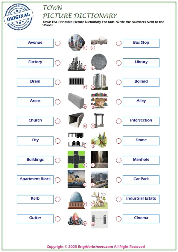 Town ESL Printable Picture Dictionary For Kids. Write the Numbers Next to the Words.