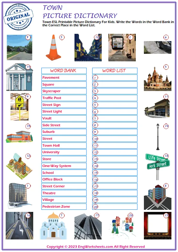 Town ESL Printable Picture Dictionary For Kids. Write the Words in the Word Bank in the Correct Place in the Word List.