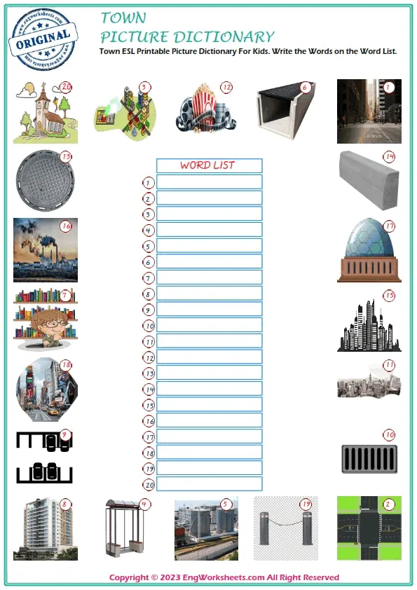 Town ESL Printable Picture Dictionary For Kids. Write the Words on the Word List.